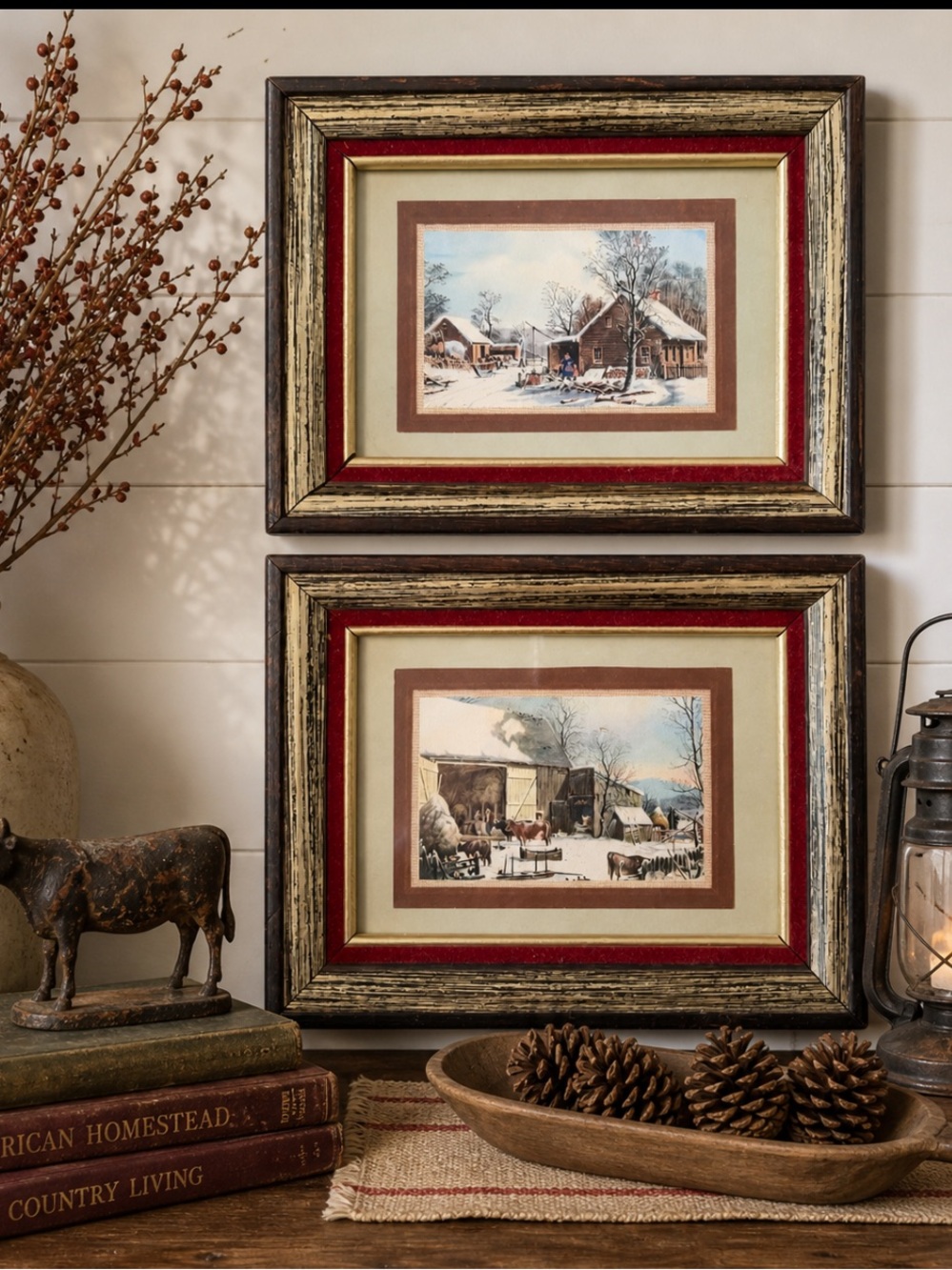 2 Currier and Ives Lithograph Prints. Winter/Farm Scenes | Gold Gilt Red Velour.